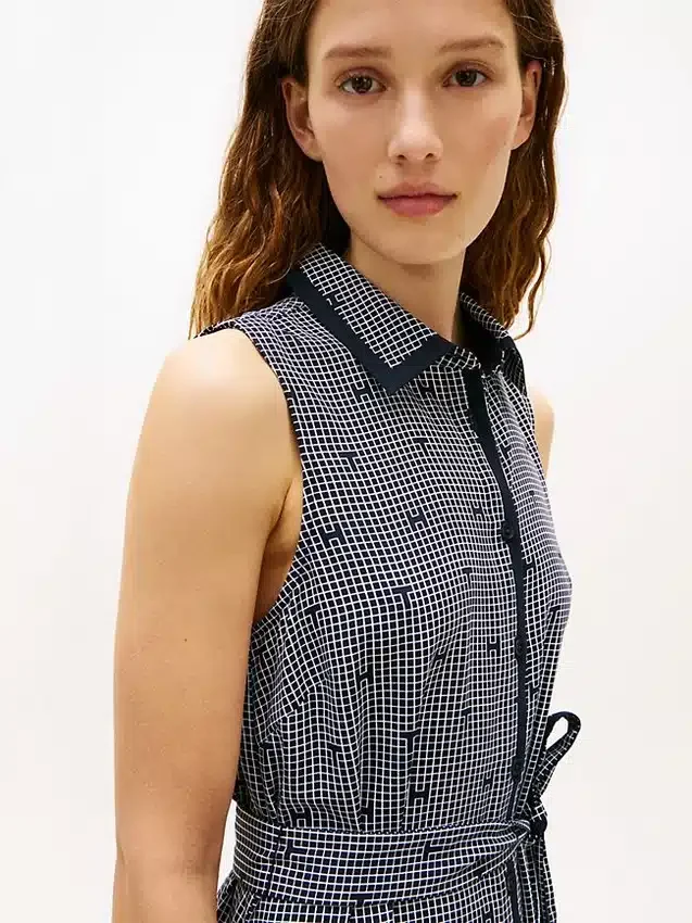 Robe chemise en crêpe à imprimé TH Grid avec ceintures Robe chemise en crêpe à imprimé TH Grid avec ceintures