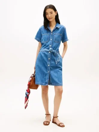 Robe chemise en denim délavé moyen avec ceinture