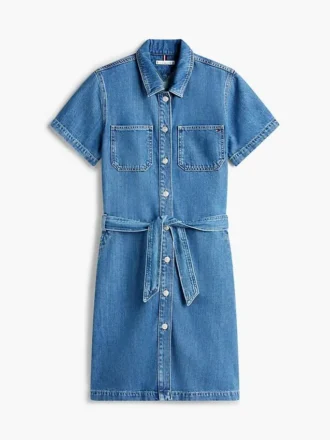 Robe chemise en denim délavé moyen avec ceinture