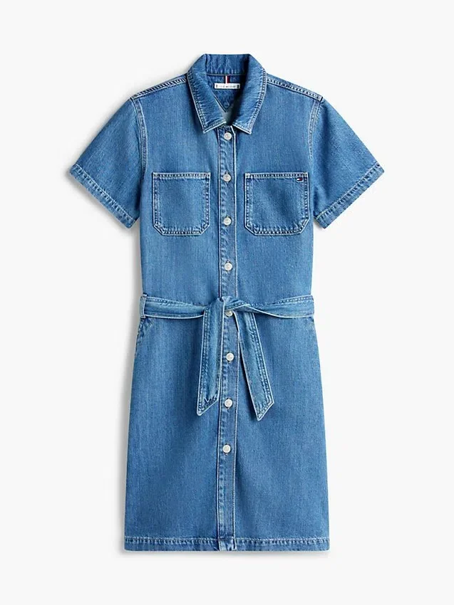 Robe chemise en denim délavé moyen avec ceinture Robe chemise en denim délavé moyen avec ceinture