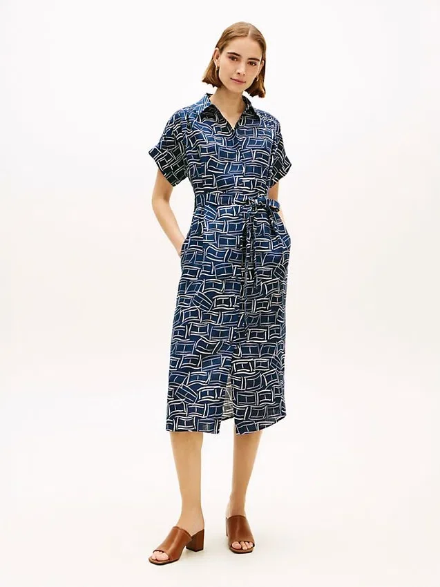 Robe chemise mi-longue en lin à imprimé drapeau et ceintures Robe chemise mi-longue en lin à imprimé drapeau et ceintures