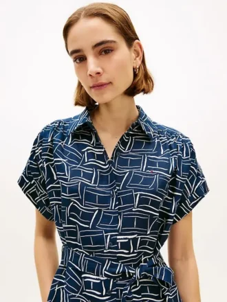 Robe chemise mi-longue en lin à imprimé drapeau et ceintures