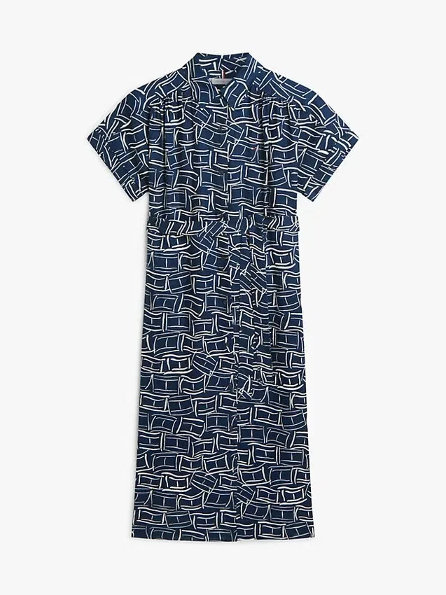 Robe chemise mi-longue en lin à imprimé drapeau et ceintures Robe chemise mi-longue en lin à imprimé drapeau et ceintures