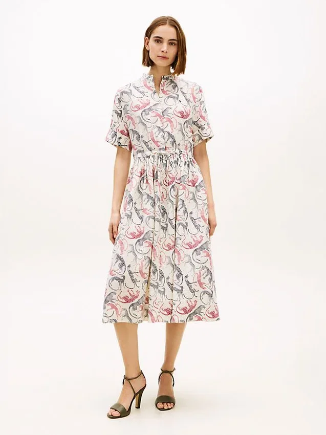 Robe chemise midi en lin à imprimé animal Robe chemise midi en lin à imprimé animal