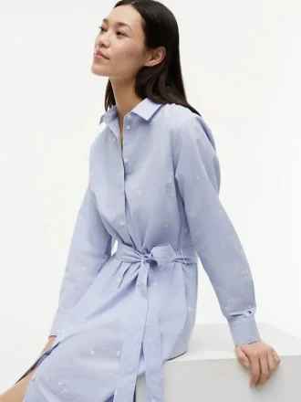 Robe chemise midi à rayures et motif floral intégral