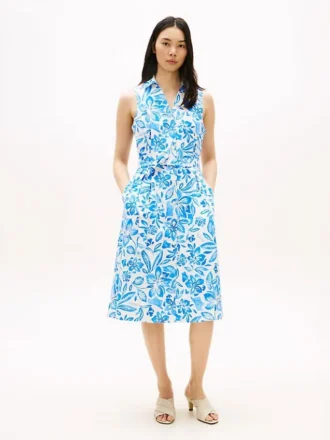 Robe chemise sans manches à ceinture en mélange de lin