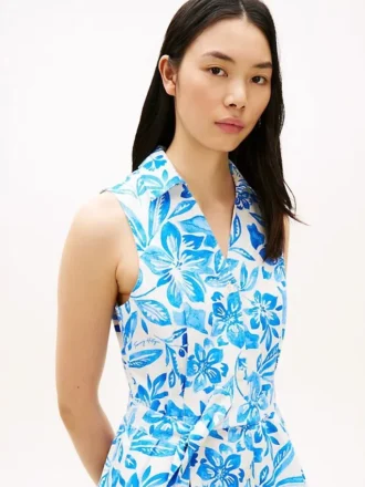 Robe chemise sans manches à ceinture en mélange de lin