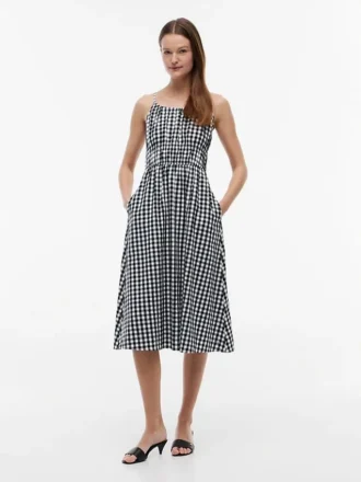 Robe mi-longue froncée en lin mélangé à carreaux vichy