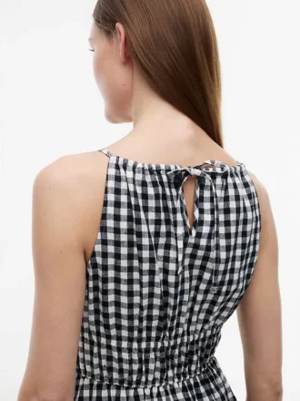 Robe mi-longue froncée en lin mélangé à carreaux vichy