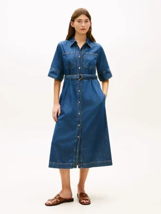 Robe midi en denim à ceinture