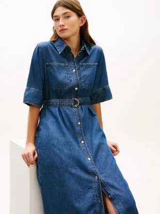 Robe midi en denim à ceinture