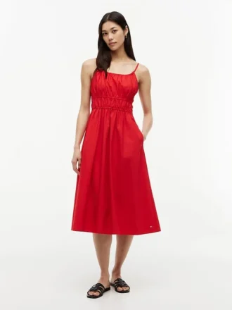 Robe midi en popeline froncée