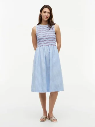 Robe midi en popeline froncée à rayures