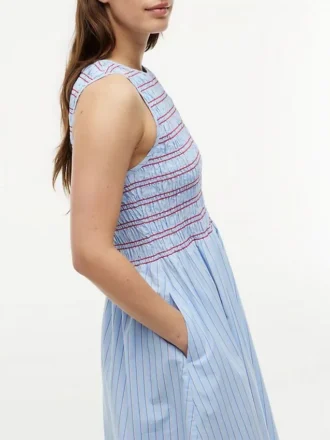Robe midi en popeline froncée à rayures