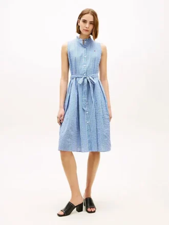 Robe midi en seersucker vichy avec ceinture