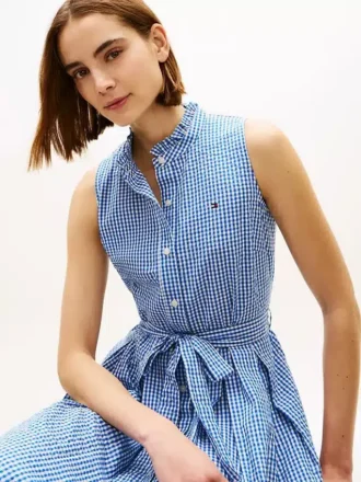 Robe midi en seersucker vichy avec ceinture