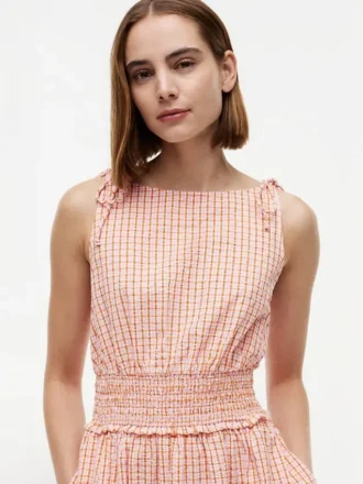 Robe midi en vichy seersucker froncée Robe midi en vichy seersucker froncée