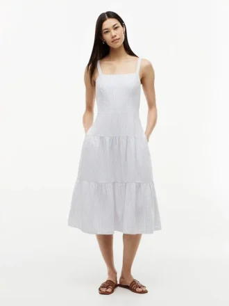 Robe midi à volants en lin mélangé à rayures