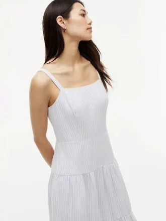 Robe midi à volants en lin mélangé à rayures