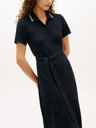 Robe polo mi-longue à ceintures et col à revers