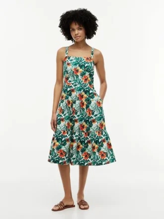 Robe à volants en lin mélangé à imprimé tropical