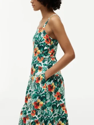 Robe à volants en lin mélangé à imprimé tropical