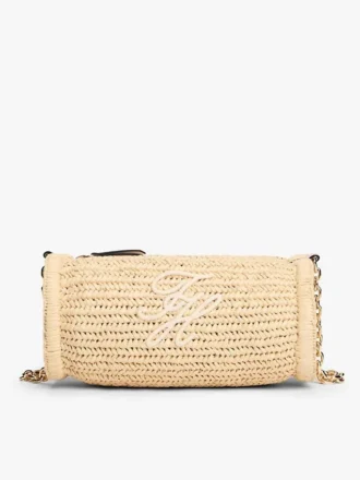 Sac à bandoulière en raphia avec monogramme en lettres cursives Sac à bandoulière en raphia avec monogramme en lettres cursives