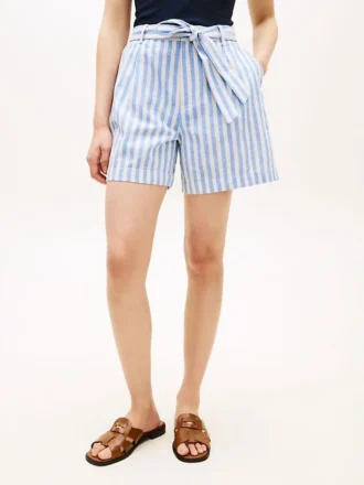 Shorts rayés en lin mélangé avec ceinture Shorts rayés en lin mélangé avec ceinture