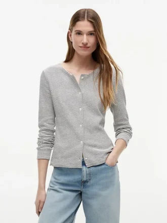 T-shirt cardigan rayé en pointelle