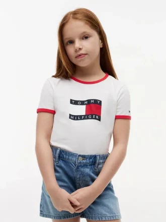 T-shirt à col rond et bordures contrastées avec logo drapeau ondulé pour enfants