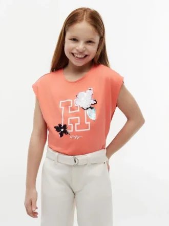 T-shirt à logo floral en paillettes pour enfants