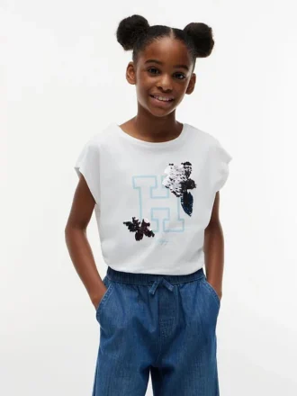 T-shirt à logo floral en paillettes pour enfants