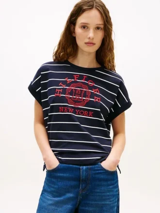 T-shirt à manches dolman rayé avec logo en arc