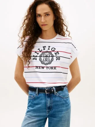 T-shirt à manches dolman rayé avec logo en arc