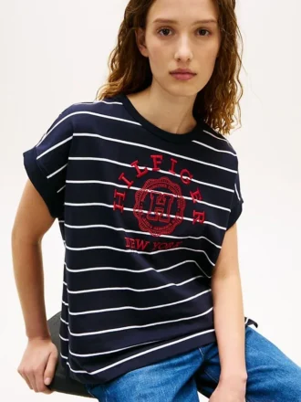 T-shirt à manches dolman rayé avec logo en arc