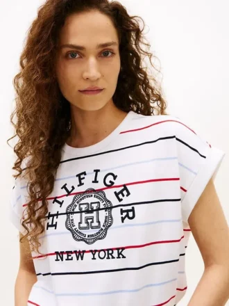 T-shirt à manches dolman rayé avec logo en arc