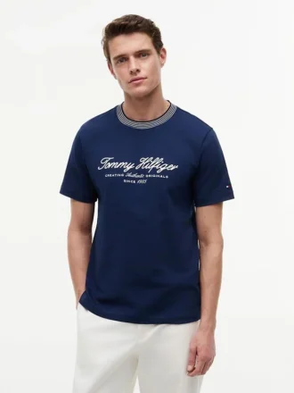 T-shirt rayé avec logo nautique en lettres cursives