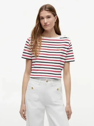 T-shirt rayé à boutons dorés en interlock