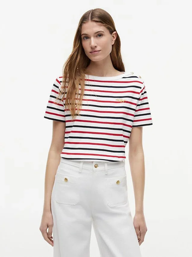 T-shirt rayé à boutons dorés en interlock T-shirt rayé à boutons dorés en interlock