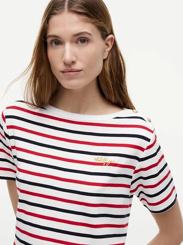 T-shirt rayé à boutons dorés en interlock T-shirt rayé à boutons dorés en interlock