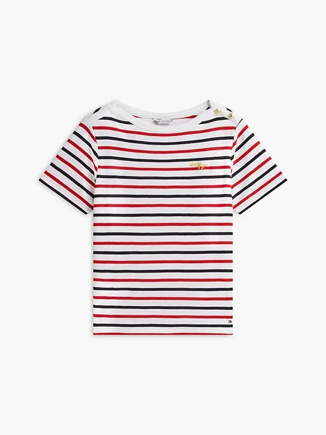 T-shirt rayé à boutons dorés en interlock T-shirt rayé à boutons dorés en interlock