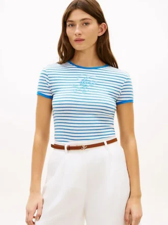 T-shirt rayé à col lissé avec monogramme brodé