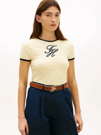 T-shirt rayé à col lissé avec monogramme brodé