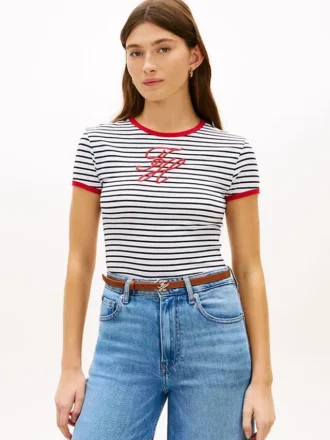 T-shirt rayé à col lissé avec monogramme brodé