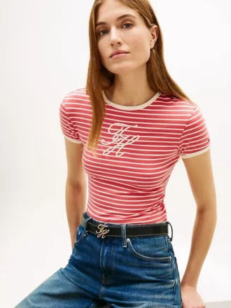 T-shirt rayé à col lissé avec monogramme brodé