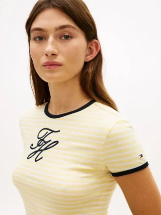 T-shirt rayé à col lissé avec monogramme brodé