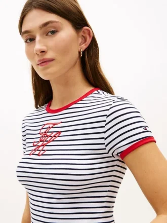 T-shirt rayé à col lissé avec monogramme brodé