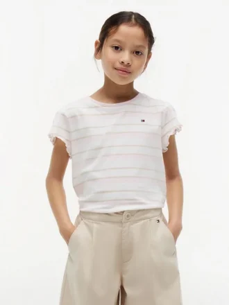 T-shirt à rayures pour enfant avec bordures festonnées aux manches T-shirt à rayures pour enfant avec bordures festonnées aux manches