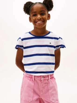 T-shirt à rayures pour enfant avec bordures festonnées aux manches