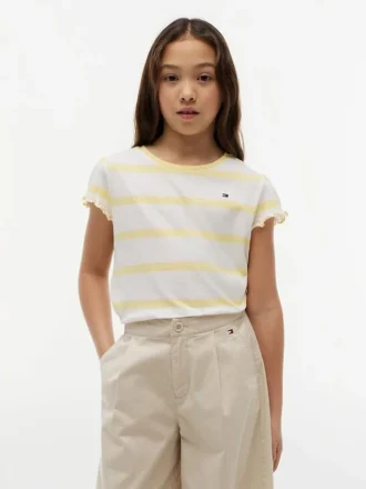 T-shirt à rayures pour enfant avec bordures festonnées aux manches